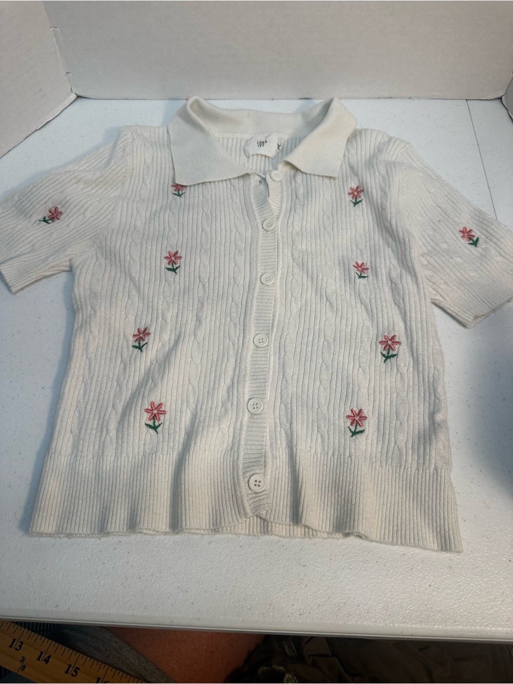 Luna Ivy White Floral Embroidered Cable Knit Polo Cardigan Sweater XS